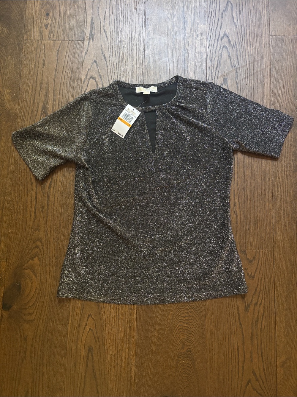 NWT Michael Kors Metallic Black & Silver Keyhole Short Sleeve Top